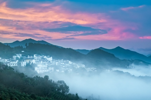 Mountain Village in the morning Fog